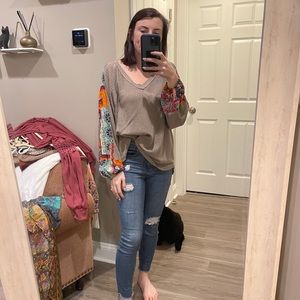 Floral sleeve and waffle top